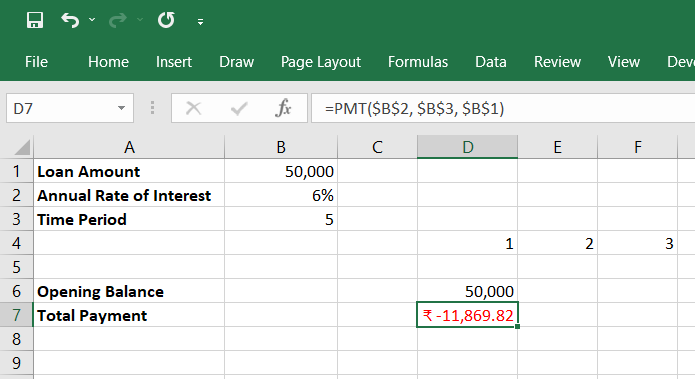 Spreadsheet showing that how calculate the total payment made in the first period.