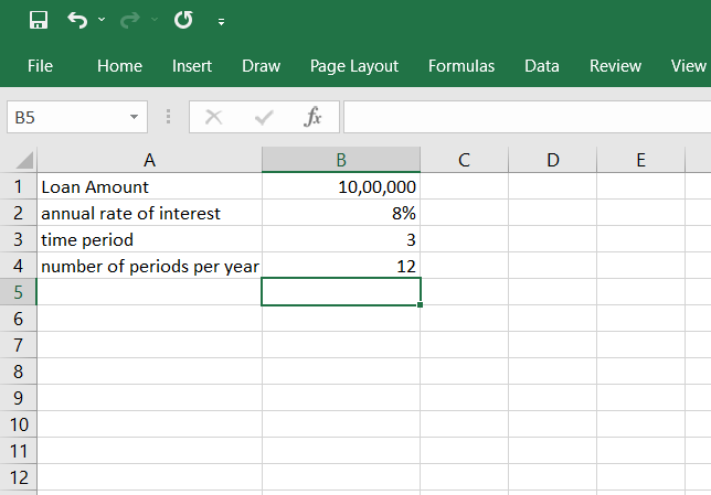 Spreadsheet showing about annual interest rate of 8% for three years, with 12 periods in a year.
