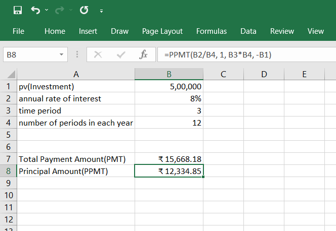 Spreadsheet showing that how to calculate the principal amount for the first period.
