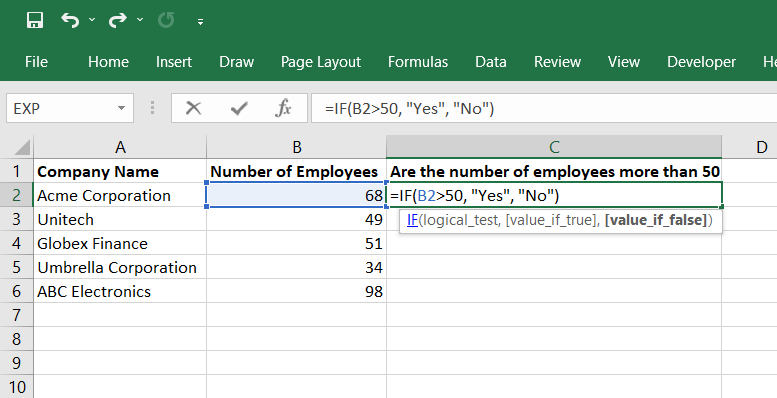 Spreadsheet showing that how IF function is used in excel.