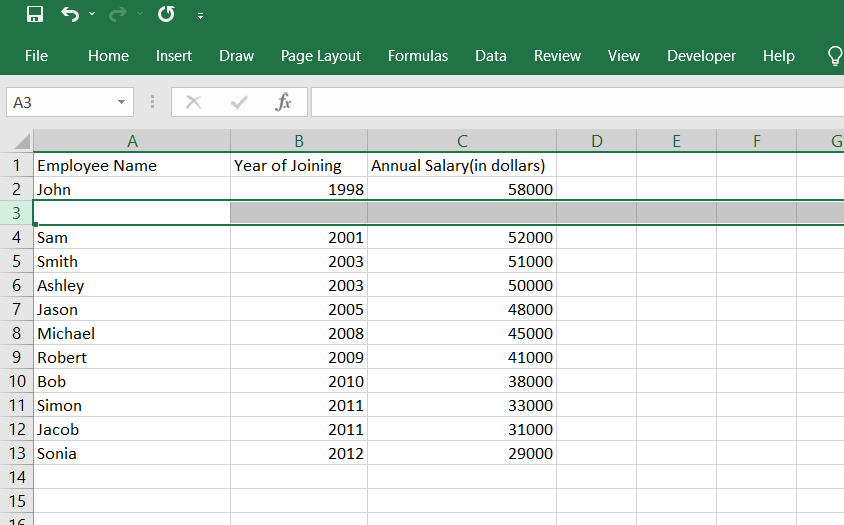 Spreadsheet showing how to add a new row above row 3.